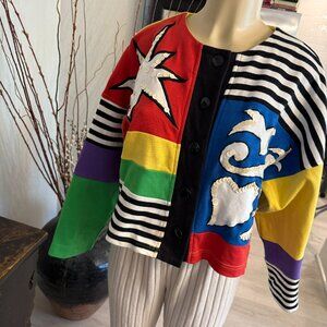 ibe Button Front Cotton Art Jacket color block w/ hand applied embellishments